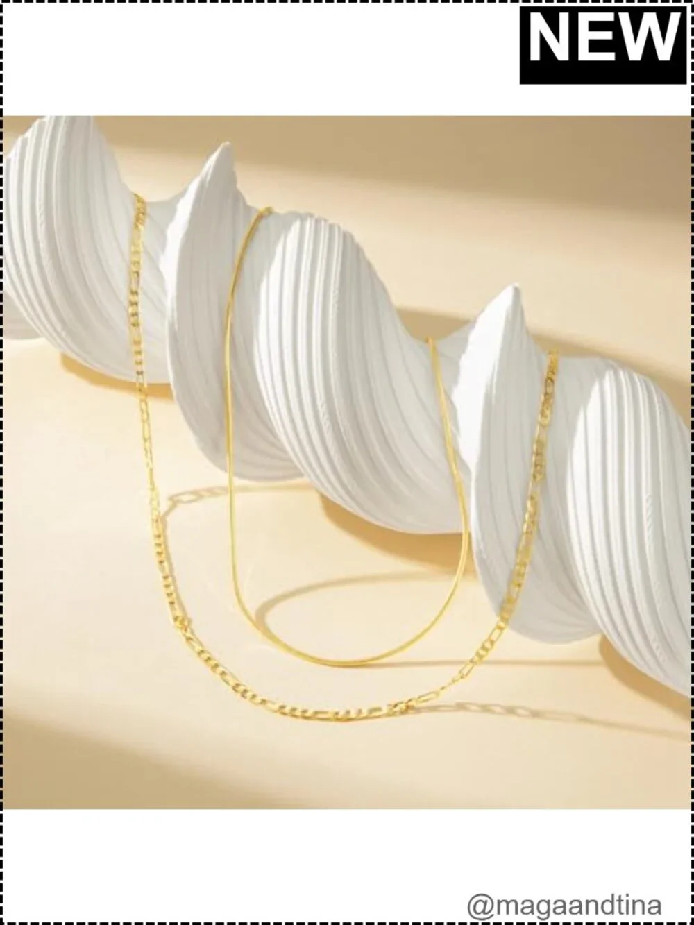 14K Gold Plated Layered Snake & Figaro Chain Necklace Set for Women